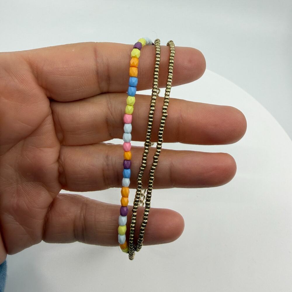 Layered Multi Color Bead Bracelet Gold Tone Chain Charm Boho Festival Jewelry